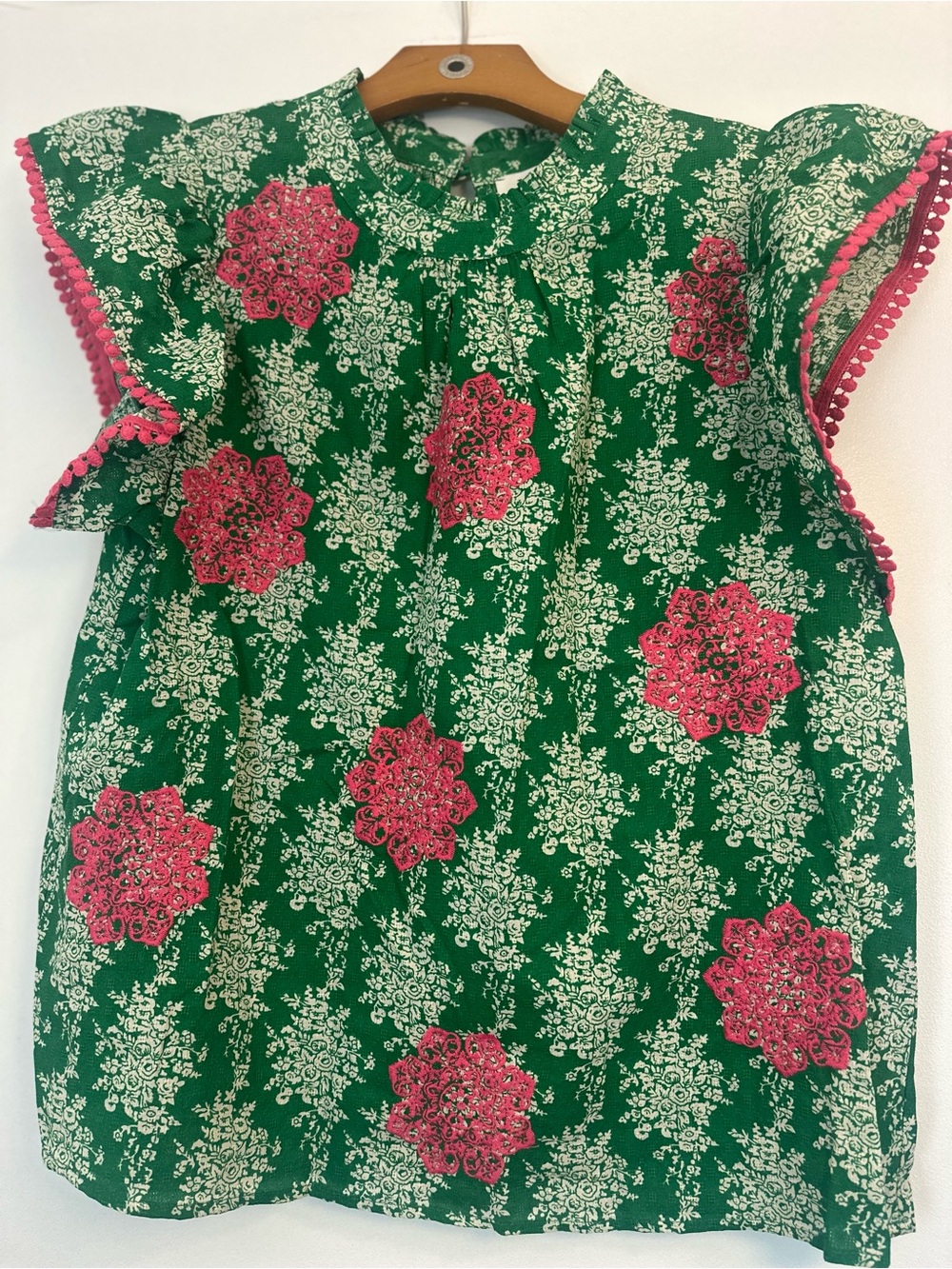 THML Green Blouse with Pink Floral Appliqués